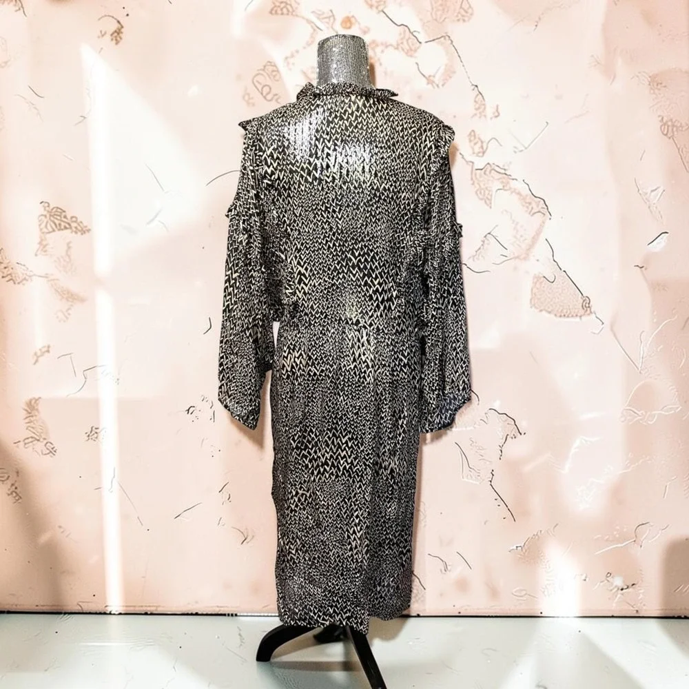Adrianna Papell Silk Sheer Dress Size 12 Black Beige Animal Print Long Sleeve